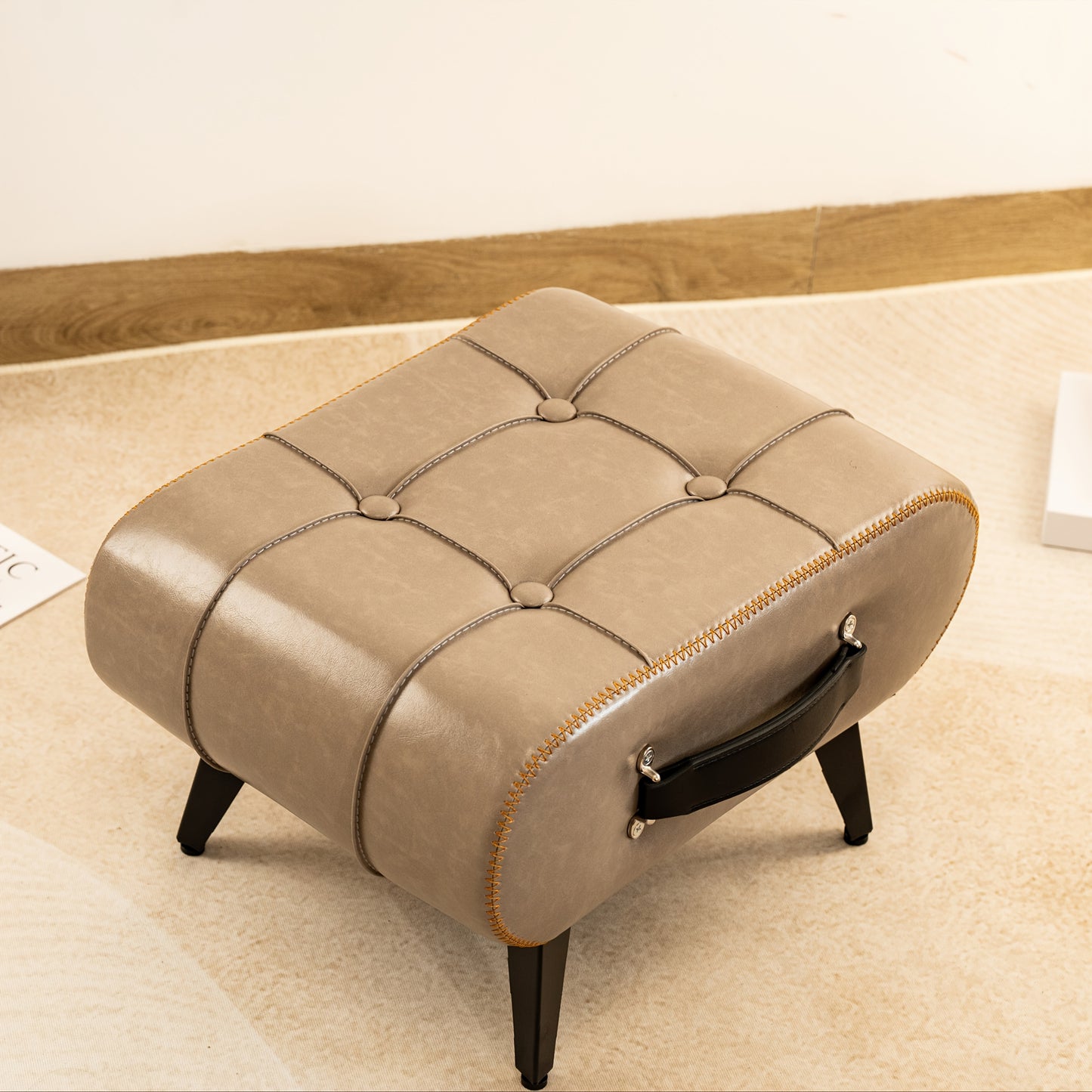 1pc High Quality Oil Wax Leather Low Stools, Footstools, Leather Padded Footstools, Stylish & Versatile For Sofa End, Shoe Changing Stools For Living Rooms, Corridors, Foyers, Entrance, Bedroom, Home Decor Furniture, Furniture For Home
