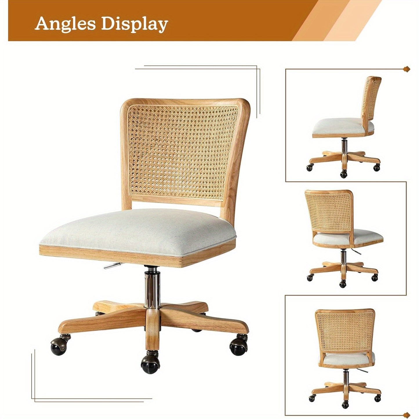 Modern Home Office Chair Comfortable Upholstered Armless Desk Chair, Adjustable Swivel Rolling Computer Chair with Rattan Mid-Back Support, Linen