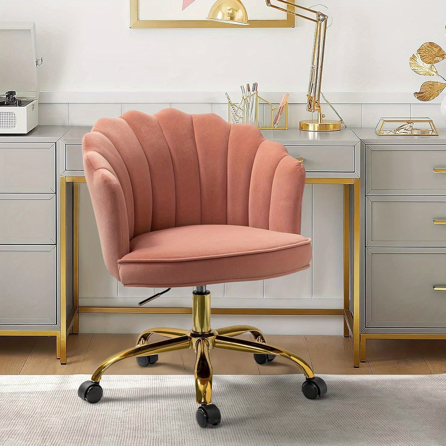 Modern Ivory Velvet Office Chair with Golden Base, Adjustable Swivel Task Chair for Women, Cute Shell Back Upholstered Desk Chair for Home Office, Living Room, or Vanity, 5-Wheel Base for Stability