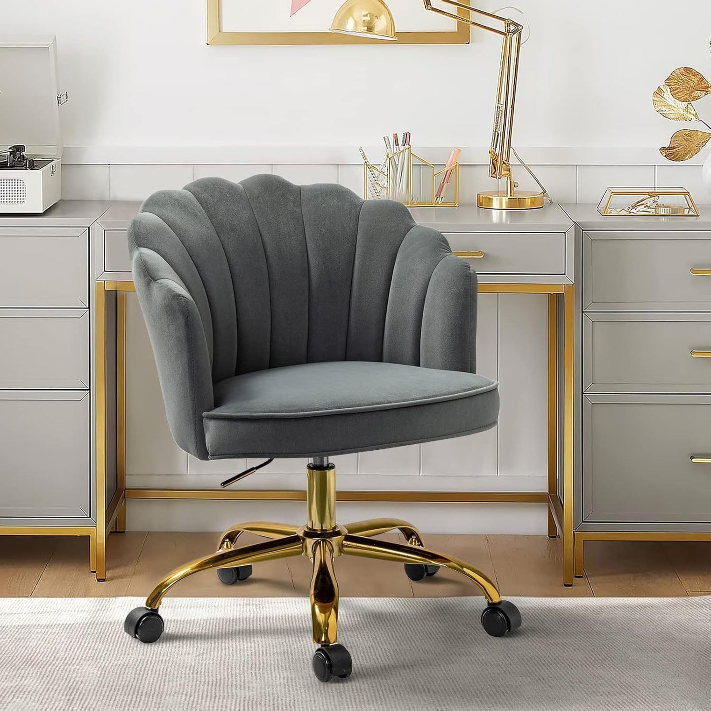 Modern Ivory Velvet Office Chair with Golden Base, Adjustable Swivel Task Chair for Women, Cute Shell Back Upholstered Desk Chair for Home Office, Living Room, or Vanity, 5-Wheel Base for Stability