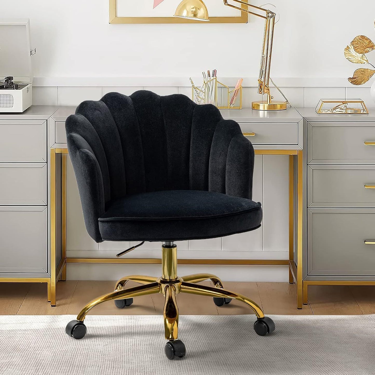 Modern Ivory Velvet Office Chair with Golden Base, Adjustable Swivel Task Chair for Women, Cute Shell Back Upholstered Desk Chair for Home Office, Living Room, or Vanity, 5-Wheel Base for Stability