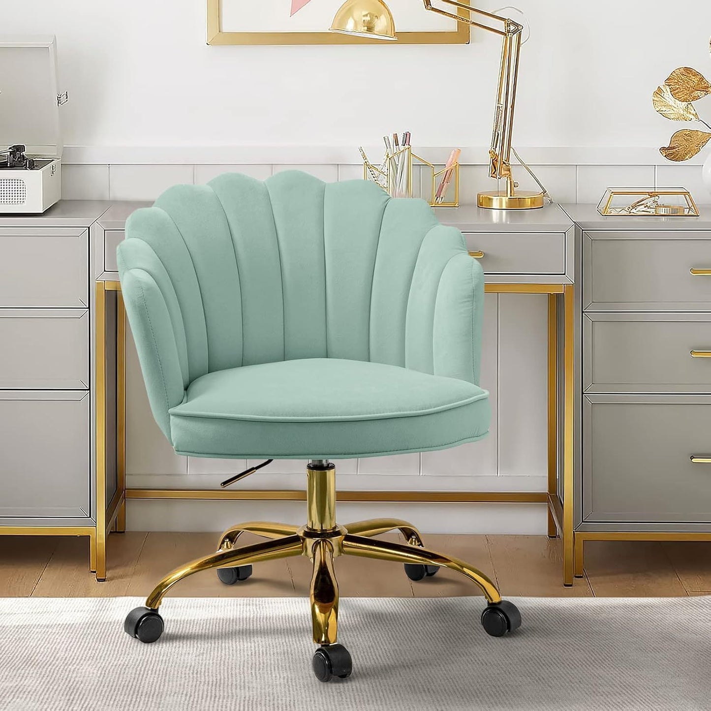 Modern Ivory Velvet Office Chair with Golden Base, Adjustable Swivel Task Chair for Women, Cute Shell Back Upholstered Desk Chair for Home Office, Living Room, or Vanity, 5-Wheel Base for Stability