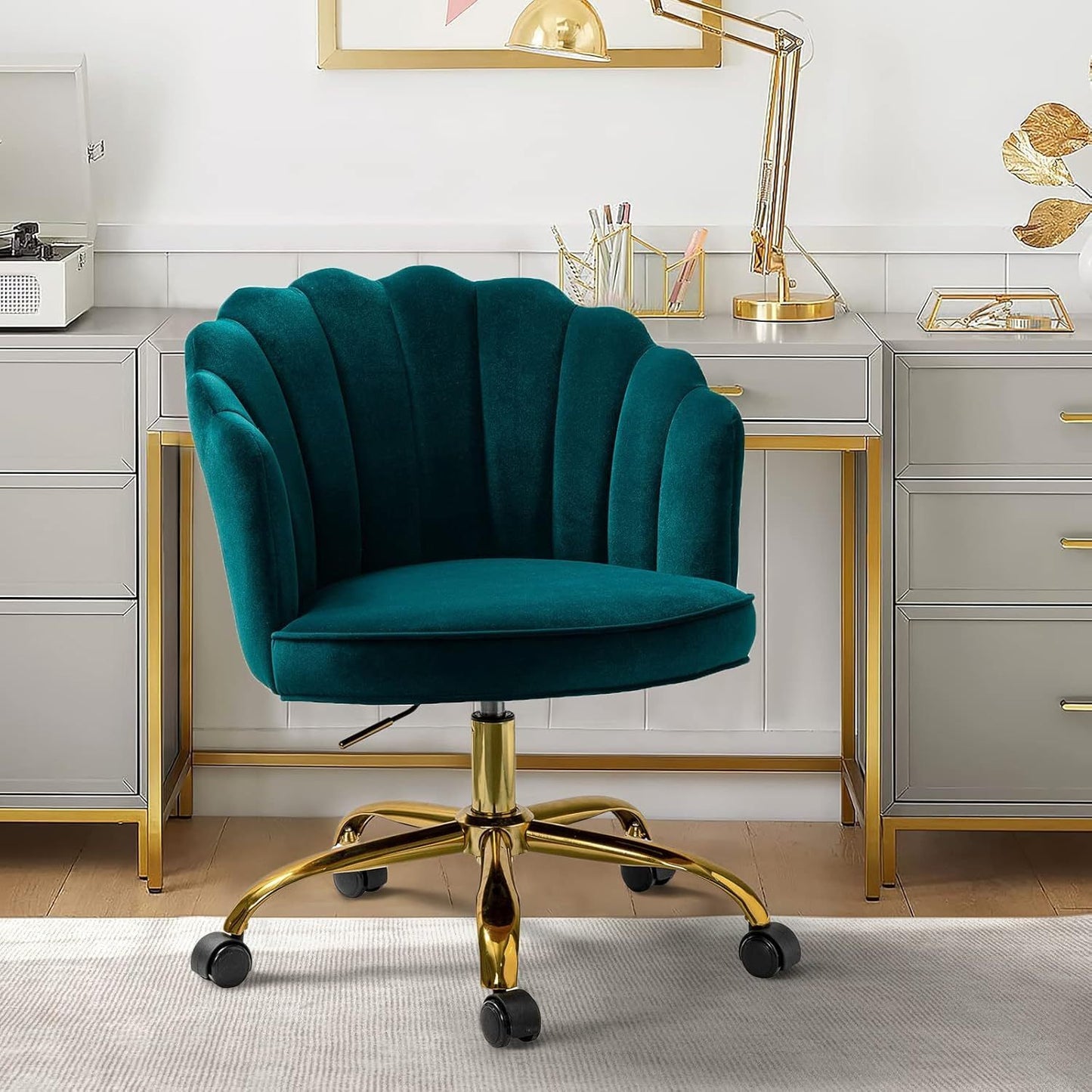 Modern Ivory Velvet Office Chair with Golden Base, Adjustable Swivel Task Chair for Women, Cute Shell Back Upholstered Desk Chair for Home Office, Living Room, or Vanity, 5-Wheel Base for Stability