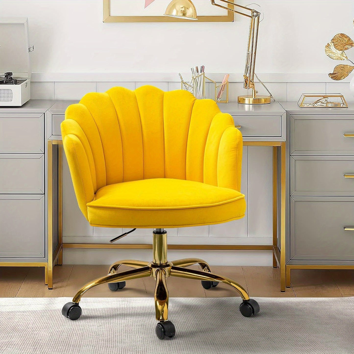 Modern Ivory Velvet Office Chair with Golden Base, Adjustable Swivel Task Chair for Women, Cute Shell Back Upholstered Desk Chair for Home Office, Living Room, or Vanity, 5-Wheel Base for Stability