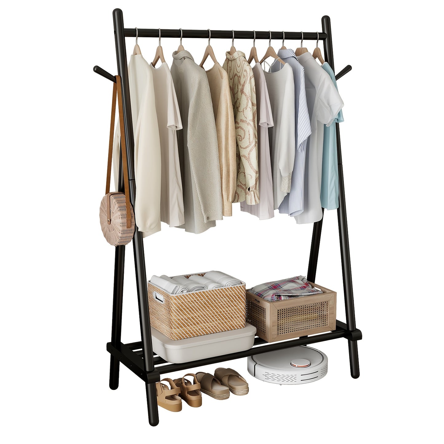 KASLANDI Free Shipping - Solid Wood Clothes Rack, Portable Garment Rack With Hooks And Shelf, Sturdy Freestanding Clothing Organizer For Coats, Dresses, Shoes, Bags, Easy To Assemble Storage Solution For Bedroom, Entryway, Living Room