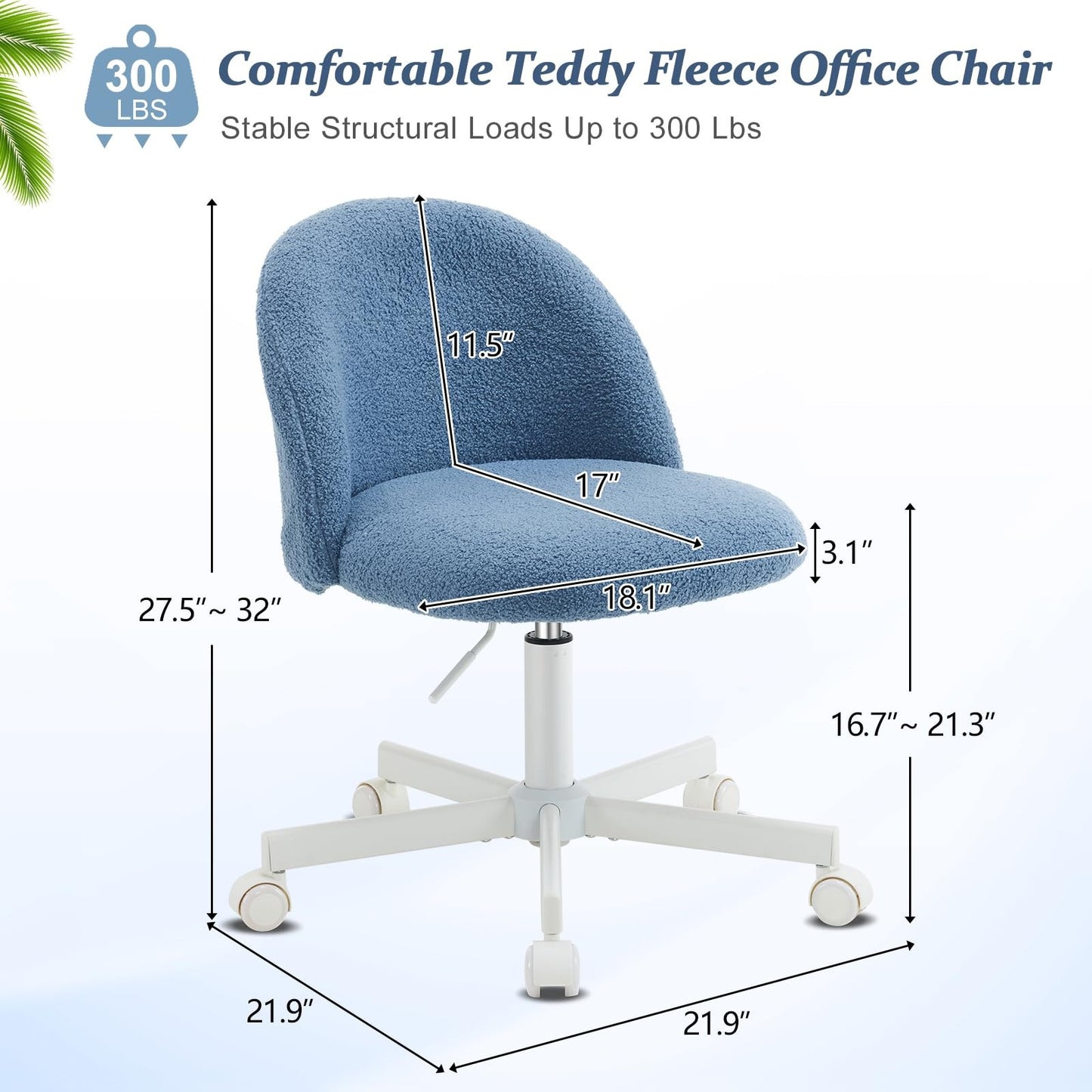 VINGLI Modern Teddy Fluffy Small Office Chair,Cute Desk Chair with Wheels,Gold Base\u002FStuds, Comfy Armless Swivel Vanity Task Chair, Nail Tech Chair for Bedroom,Small Space