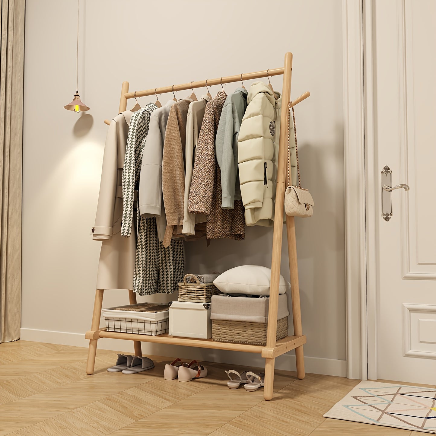 KASLANDI Free Shipping - Solid Wood Clothes Rack, Portable Garment Rack With Hooks And Shelf, Sturdy Freestanding Clothing Organizer For Coats, Dresses, Shoes, Bags, Easy To Assemble Storage Solution For Bedroom, Entryway, Living Room