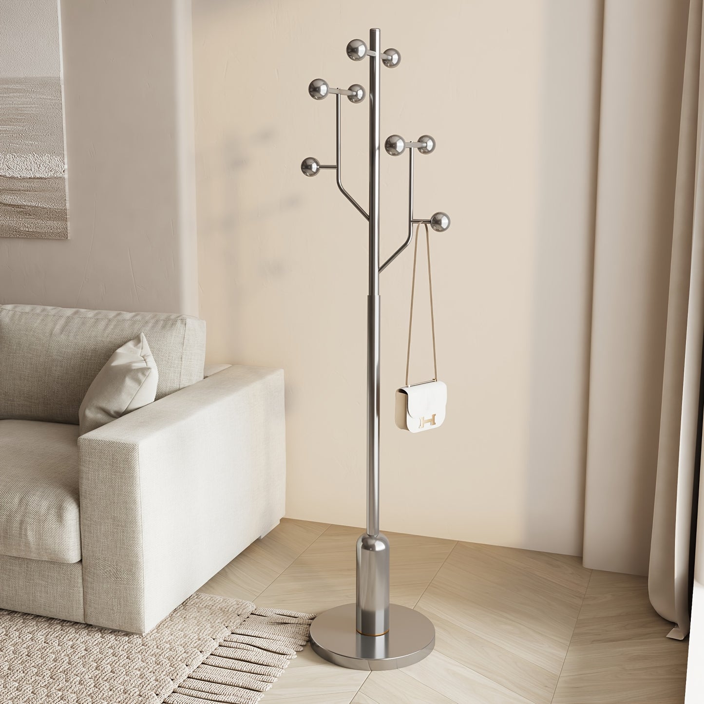 Heavy-Duty Freestanding Coat Rack with Stainless Steel Marble Base - 8 Ball-Shaped Hooks, Hardwood & Metal Construction, 27\