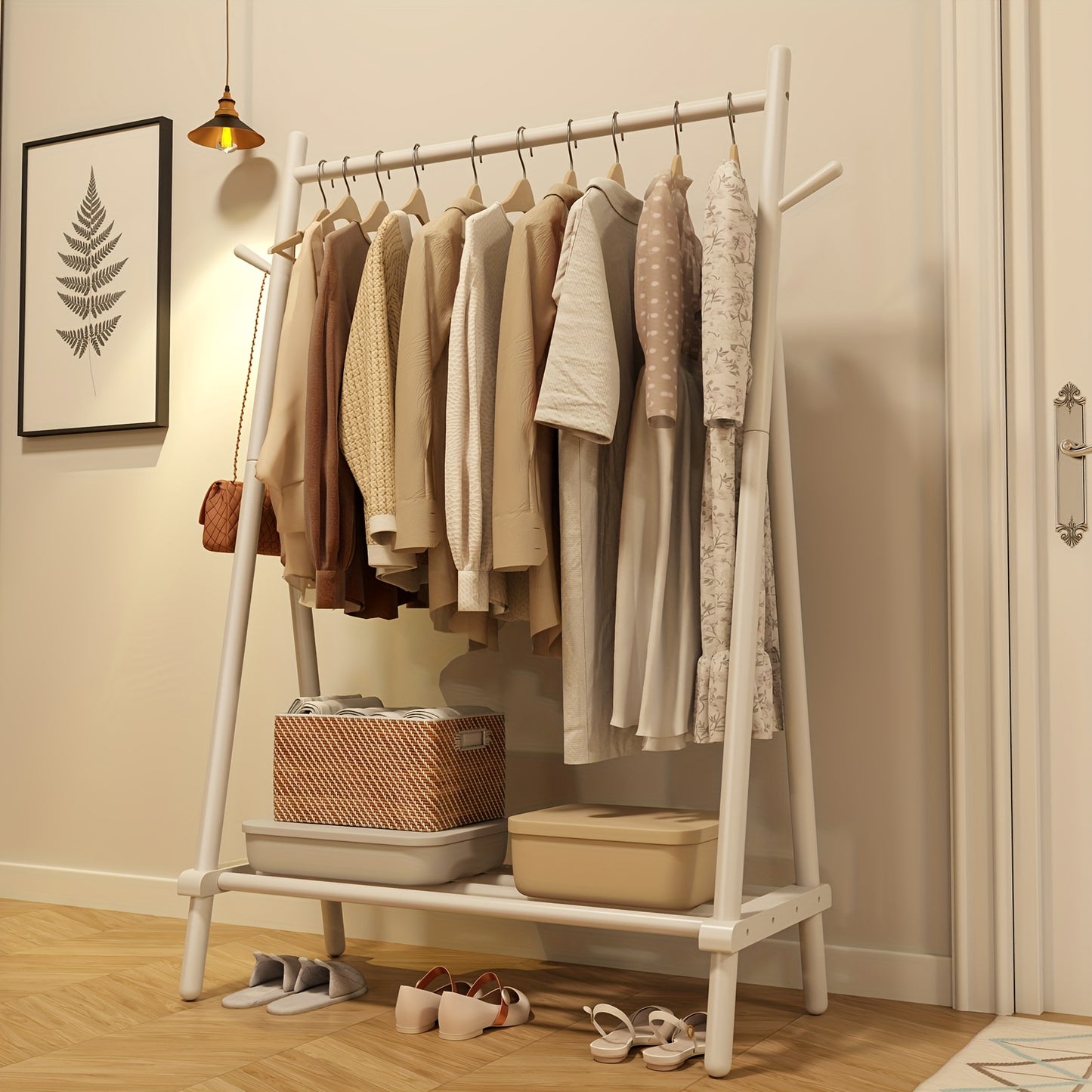 KASLANDI Free Shipping - Solid Wood Clothes Rack, Portable Garment Rack With Hooks And Shelf, Sturdy Freestanding Clothing Organizer For Coats, Dresses, Shoes, Bags, Easy To Assemble Storage Solution For Bedroom, Entryway, Living Room