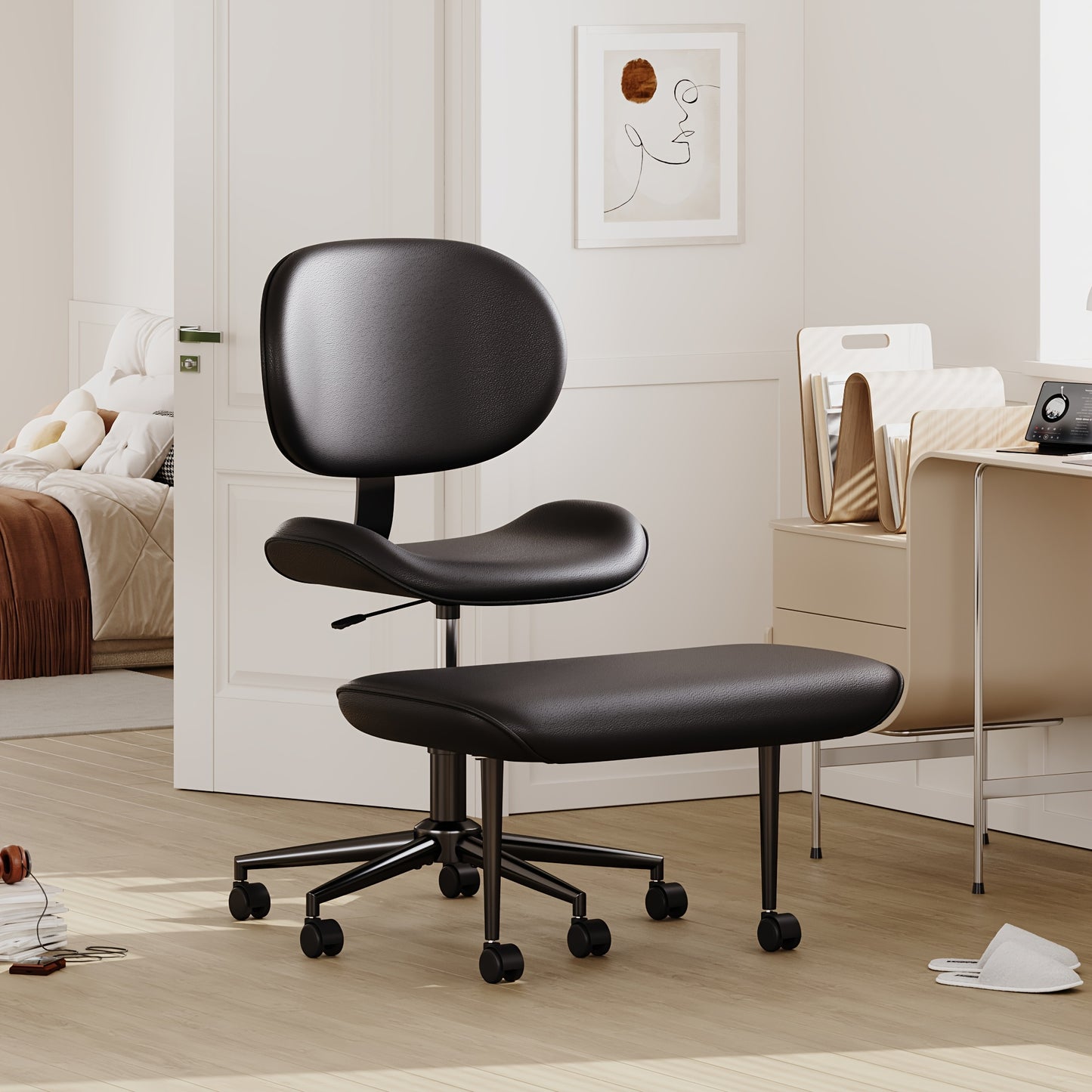Pinmoco Upgrated Ergonomic Office Chair, Cross Legged Office Chair, Height Adjustable Back Support, 360° Swivel Seat and Stool, 5-Wheel Base, Heavy-Duty Rolling Desk Chair, Faux PU Black\u002FWhite, Upgrated Version