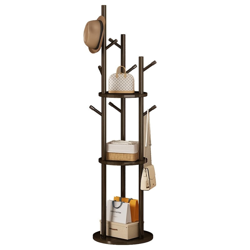 Rotary Solid Wood Coat Rack with 3 Shelves and 9 Hooks, Freestanding Sturdy Coat Tree for Entryway, Bedroom - Multi-Purpose Storage Organizer for Coats, Bags, Coat Rack Stand, 360-degree Rotation, Independent