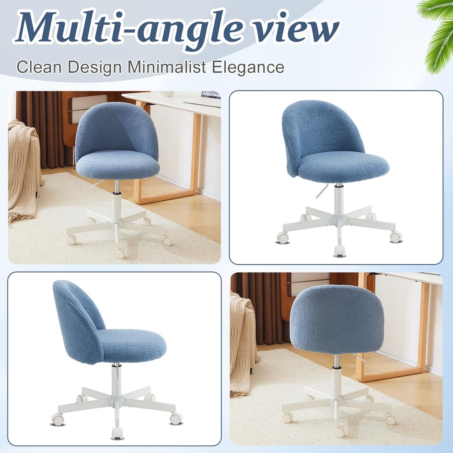 VINGLI Modern Teddy Fluffy Small Office Chair,Cute Desk Chair with Wheels,Gold Base\u002FStuds, Comfy Armless Swivel Vanity Task Chair, Nail Tech Chair for Bedroom,Small Space