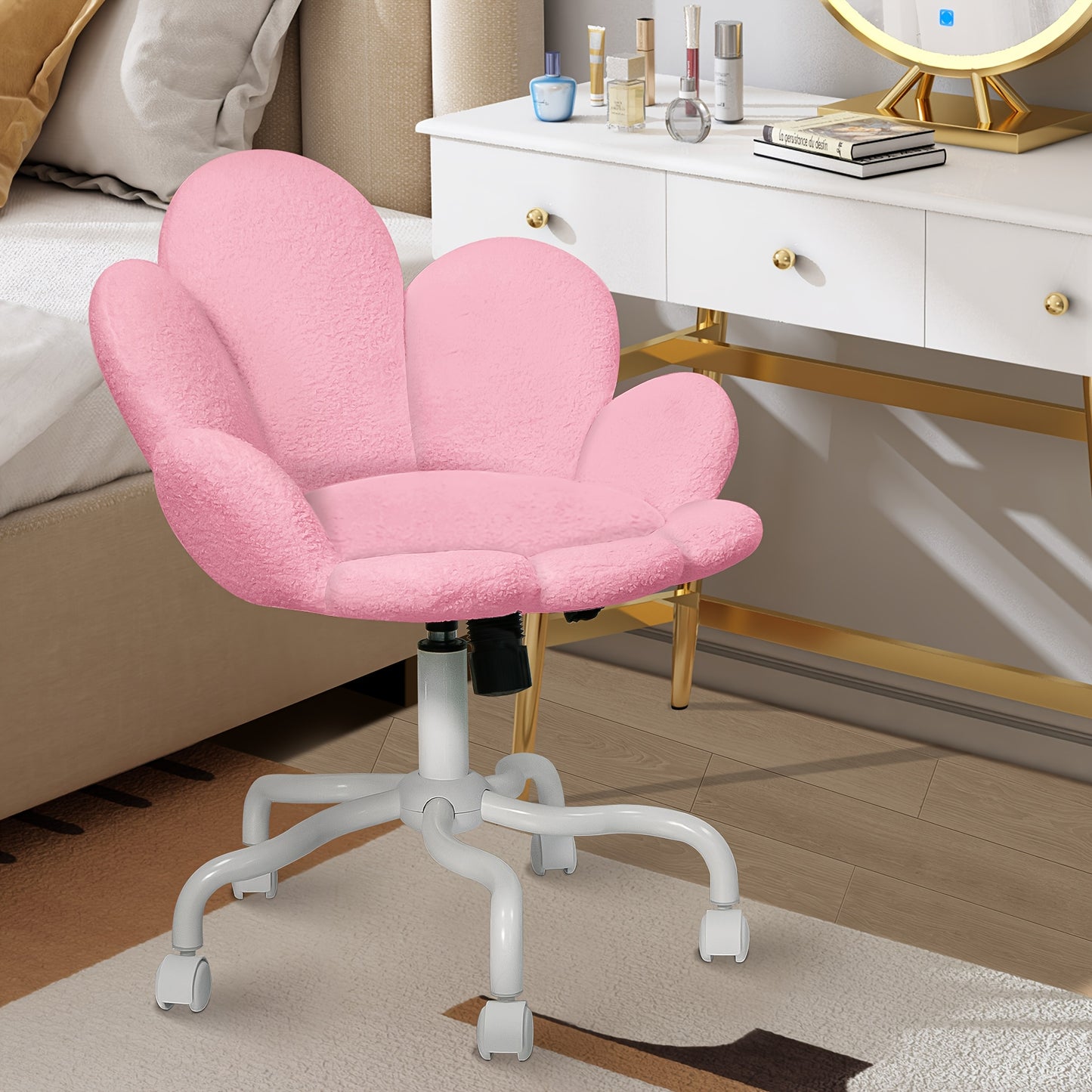 1pc Modern Adjustable Height Swivel Task Chair, Upholstered Petal Design Desk Chair with Mid-Back, Manual Rocking Operation, Painted Finish, Carpet Surface Compatible, Includes Casters - Home Office Computer Chair