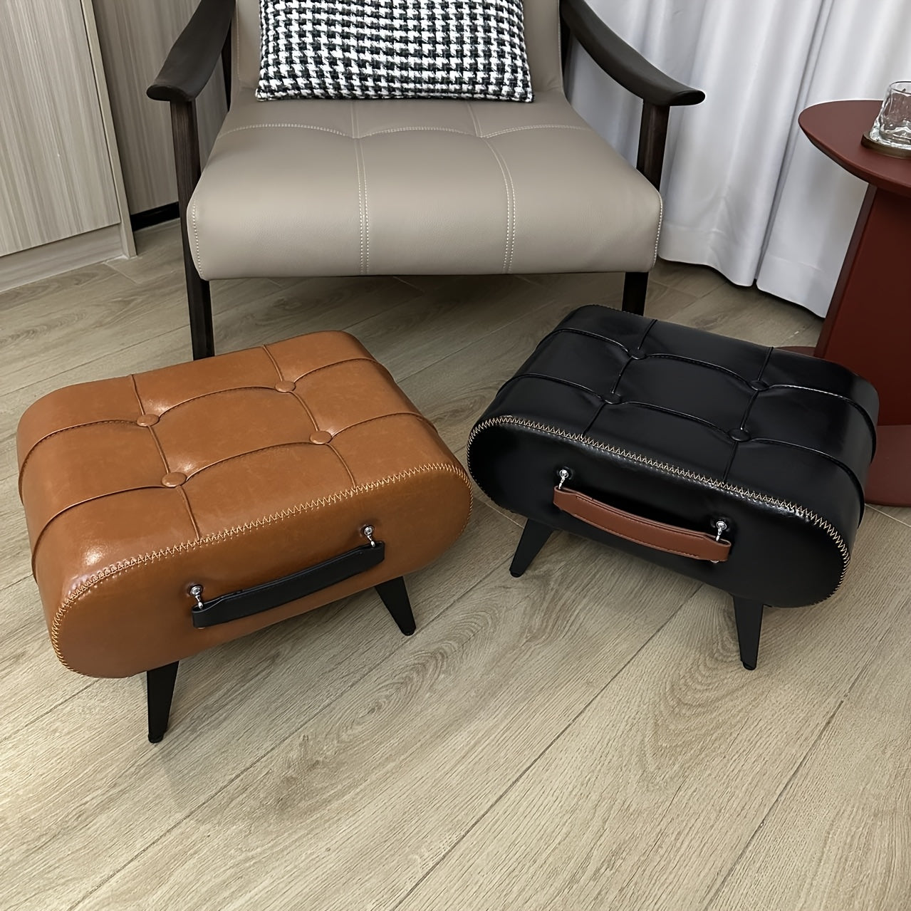 1pc High Quality Oil Wax Leather Low Stools, Footstools, Leather Padded Footstools, Stylish & Versatile For Sofa End, Shoe Changing Stools For Living Rooms, Corridors, Foyers, Entrance, Bedroom, Home Decor Furniture, Furniture For Home