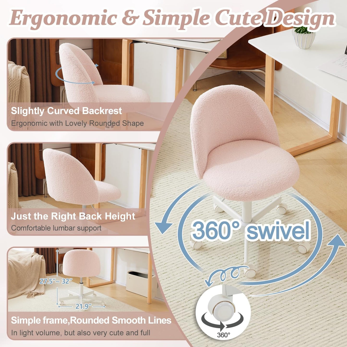 VINGLI Modern Teddy Fluffy Small Office Chair,Cute Desk Chair with Wheels,Gold Base\u002FStuds, Comfy Armless Swivel Vanity Task Chair, Nail Tech Chair for Bedroom,Small Space