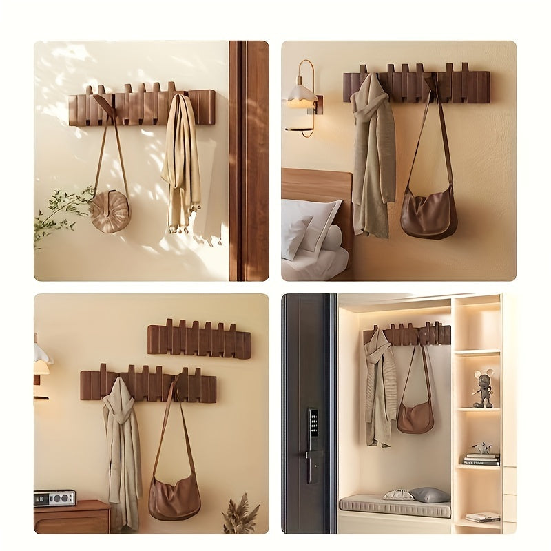 1pc Boho Style Wooden Piano Key Wall Rack, Easy Install Wall Mounted Coat Hook, Folding Hanging Storage Organizer for Bedroom, Entryway, Foyer, Mudroom - Aesthetic Room Decor