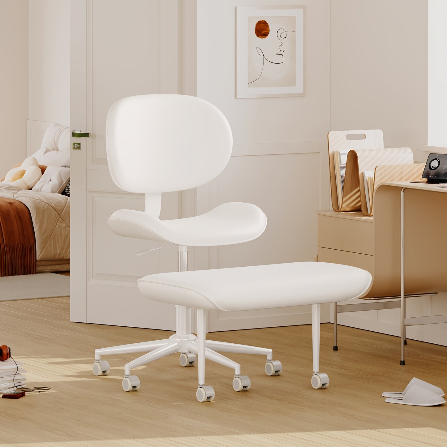 Pinmoco Upgrated Ergonomic Office Chair, Cross Legged Office Chair, Height Adjustable Back Support, 360° Swivel Seat and Stool, 5-Wheel Base, Heavy-Duty Rolling Desk Chair, Faux PU Black\u002FWhite, Upgrated Version
