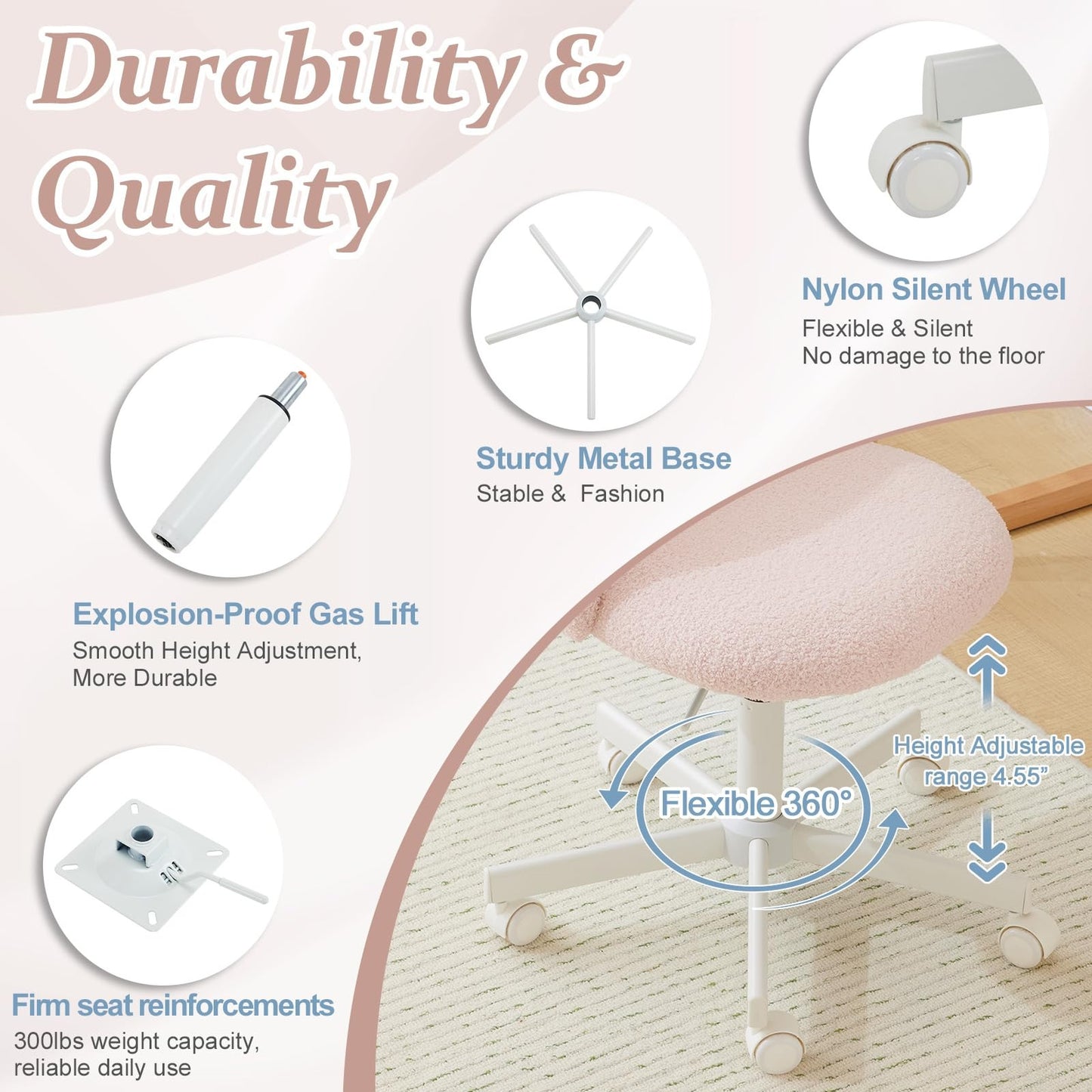 VINGLI Modern Teddy Fluffy Small Office Chair,Cute Desk Chair with Wheels,Gold Base\u002FStuds, Comfy Armless Swivel Vanity Task Chair, Nail Tech Chair for Bedroom,Small Space