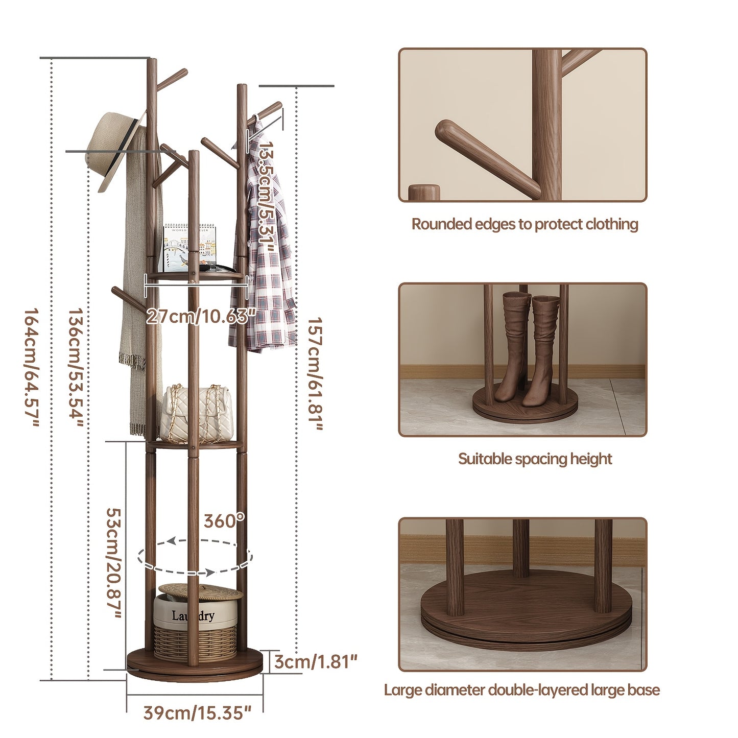 KASLANDI Furniture for Home, Solid Wood Rotary Coat Rack - Self-standing Hanger, Tree Floor Hanger, Foyer Furniture, Suitable for Entrance, Bedroom And Living Room, Hanging Coats And Bags,, Free Shipping