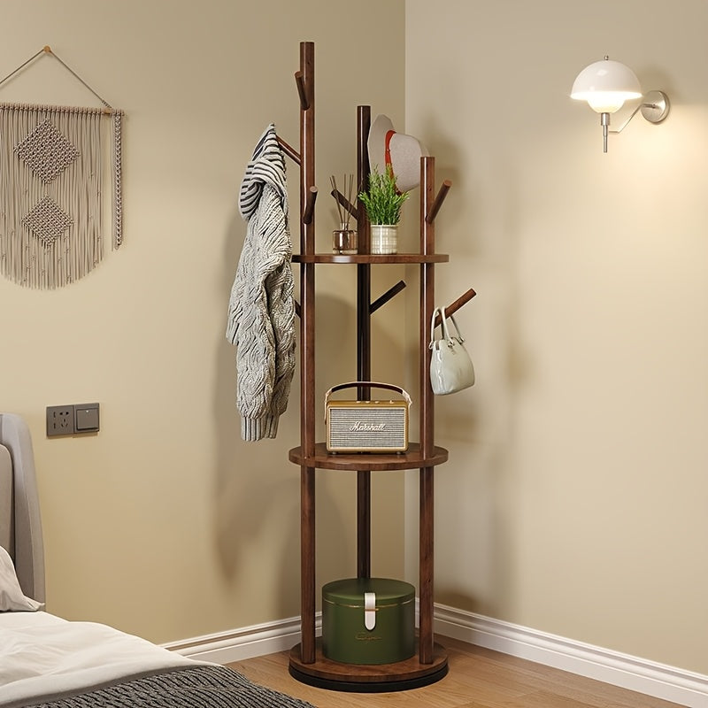 Rotary Solid Wood Coat Rack with 3 Shelves and 9 Hooks, Freestanding Sturdy Coat Tree for Entryway, Bedroom - Multi-Purpose Storage Organizer for Coats, Bags, Coat Rack Stand, 360-degree Rotation, Independent