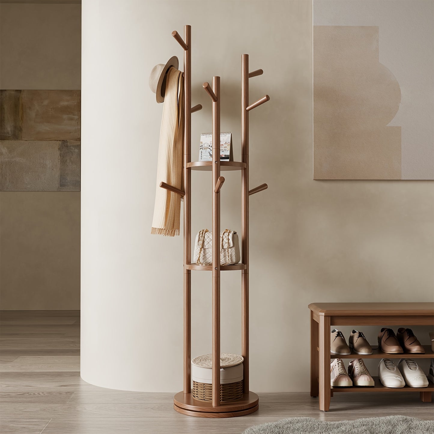 KASLANDI Furniture for Home, Solid Wood Rotary Coat Rack - Self-standing Hanger, Tree Floor Hanger, Foyer Furniture, Suitable for Entrance, Bedroom And Living Room, Hanging Coats And Bags,, Free Shipping