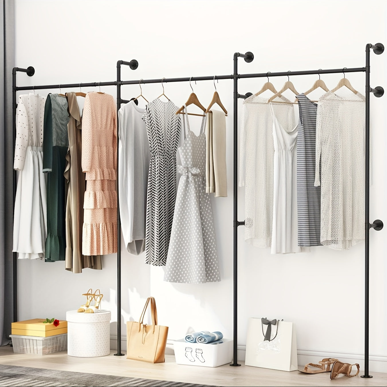 Space-Saving Industrial Pipe Clothing Rack Wall Mounted - Heavy Duty, Adjustable Garment Display For Bedroom, Cloakroom & Retail Stores, Christmas Decor, Walk In Hanger, Home Clothing Storage Supplies