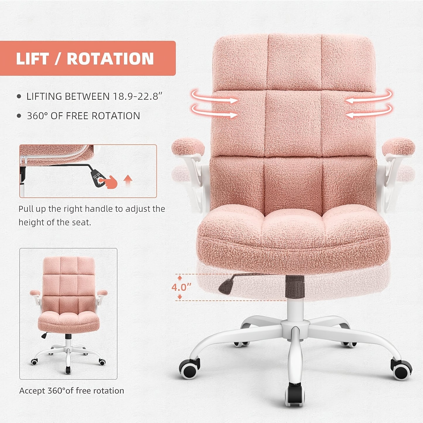 Office Chair Desk Chairs With Flip-up Arms And Wheels, Teddy Velvet Executive Home Office Chairs With Adjustable Height For Adults And Teens
