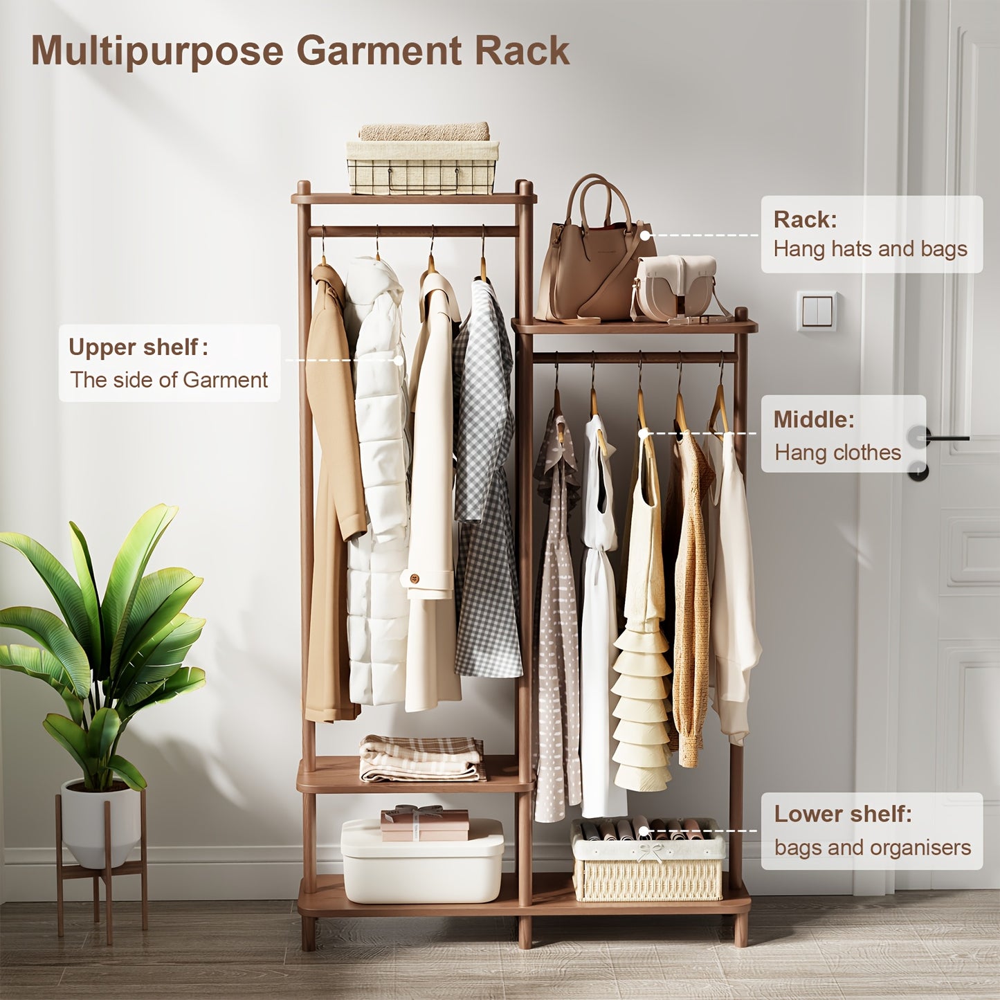 Kaslandi Solid Wood Coat Rack Furniture | Multi-Tier Hanging Rack, Clothes Hanging Rack, Clothes Drying Rack | Upper And Lower Storage + Alphabet Shelf Design | Versatile for Foyer And Bedroom! Free Shipping