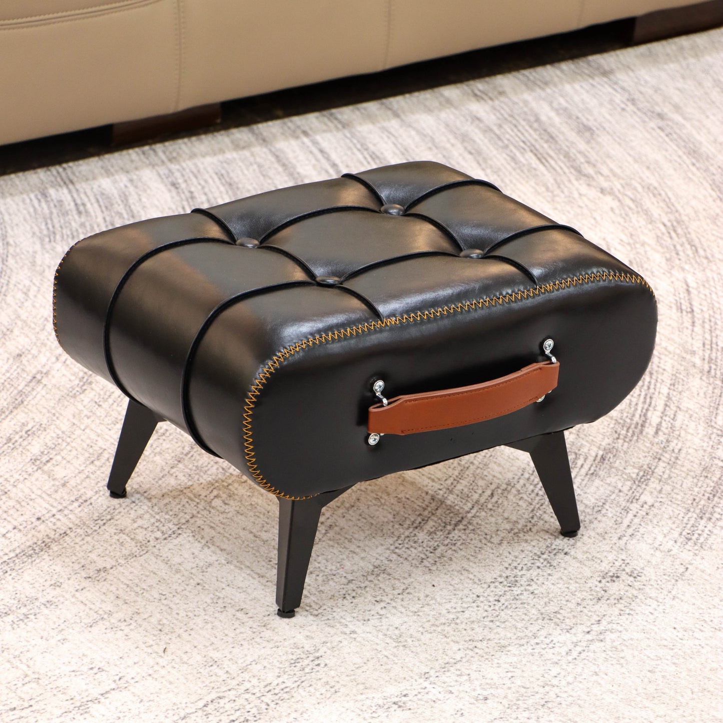 1pc High Quality Oil Wax Leather Low Stools, Footstools, Leather Padded Footstools, Stylish & Versatile For Sofa End, Shoe Changing Stools For Living Rooms, Corridors, Foyers, Entrance, Bedroom, Home Decor Furniture, Furniture For Home