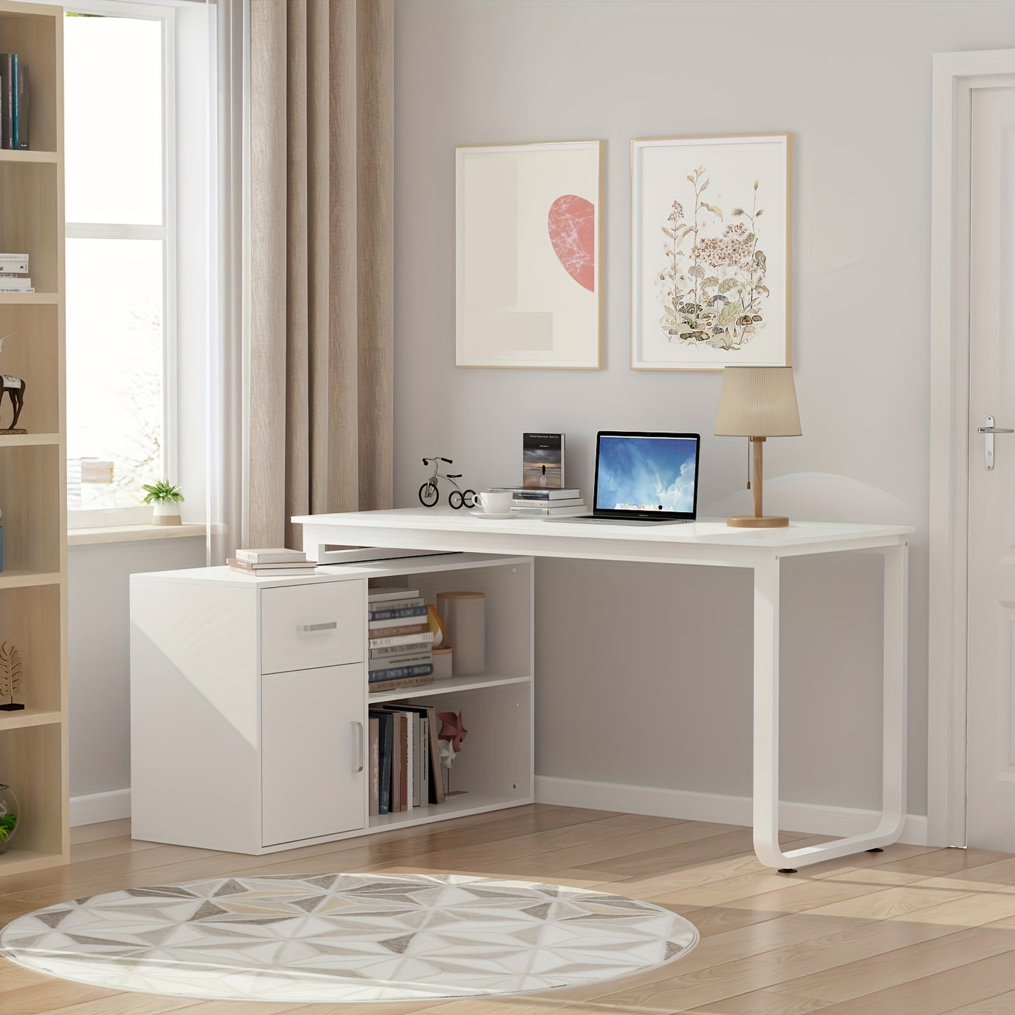 Modern L-shaped Computer Desk Modern L-shaped Computer Desk with Drawer | Open Shelves, Filing Cabinet & Spacious Desktop for Home Office, Study Room - White