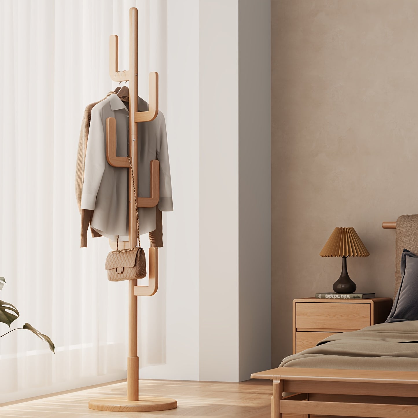 KASLANDI Office FurnitureFree Shipping Solid Wood Cactus Coat Rack in Classic Natural Wood with Grid Storage Rack, Adjustable Height, Sturdy and Easy to Assemble, Furniture for Home, Valentine'S Day Gift
