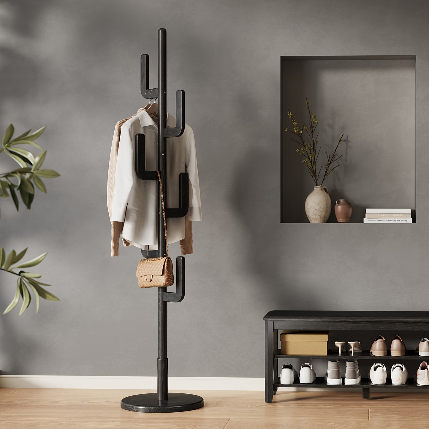 Kaslandi Space Entryway Furniture Coat Rack, Solid Wood Floor Standing Clothes Rack, Bedroom Home Garment Rack with Six Hooks, Multi-Style & Multi-Functional Hanging Coat Rack.