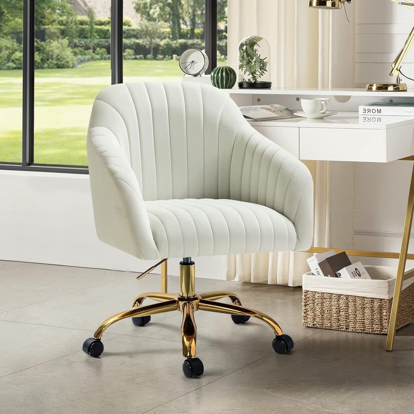Velvet Home Office Desk Chair, Modern Cute Computer Task Chair, Stadium Seats For Sports Fields, Sport Event, Wheels Swivel Height Adjustable Upholstered Vanity Chair For Women, Girls, Golden Base