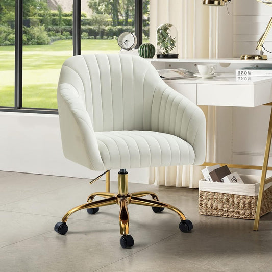 Velvet Home Office Desk Chair, Modern Cute Computer Task Chair, Stadium Seats For Sports Fields, Sport Event, Wheels Swivel Height Adjustable Upholstered Vanity Chair For Women, Girls, Golden Base