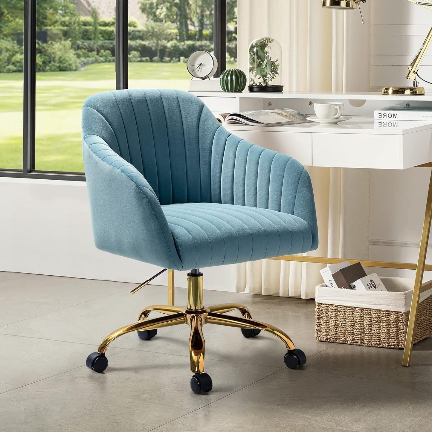 Velvet Home Office Desk Chair, Modern Cute Computer Task Chair, Stadium Seats For Sports Fields, Sport Event, Wheels Swivel Height Adjustable Upholstered Vanity Chair For Women, Girls, Golden Base