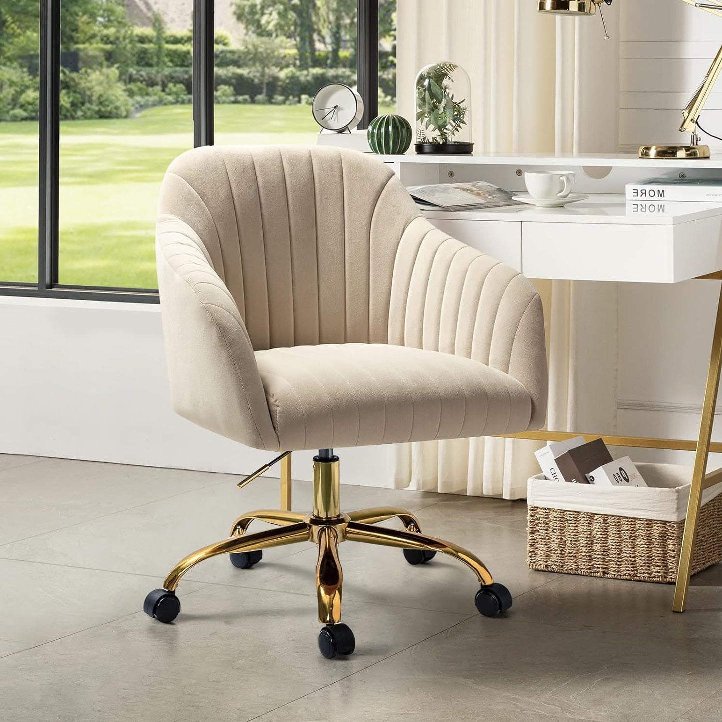 Velvet Home Office Desk Chair, Modern Cute Computer Task Chair, Stadium Seats For Sports Fields, Sport Event, Wheels Swivel Height Adjustable Upholstered Vanity Chair For Women, Girls, Golden Base