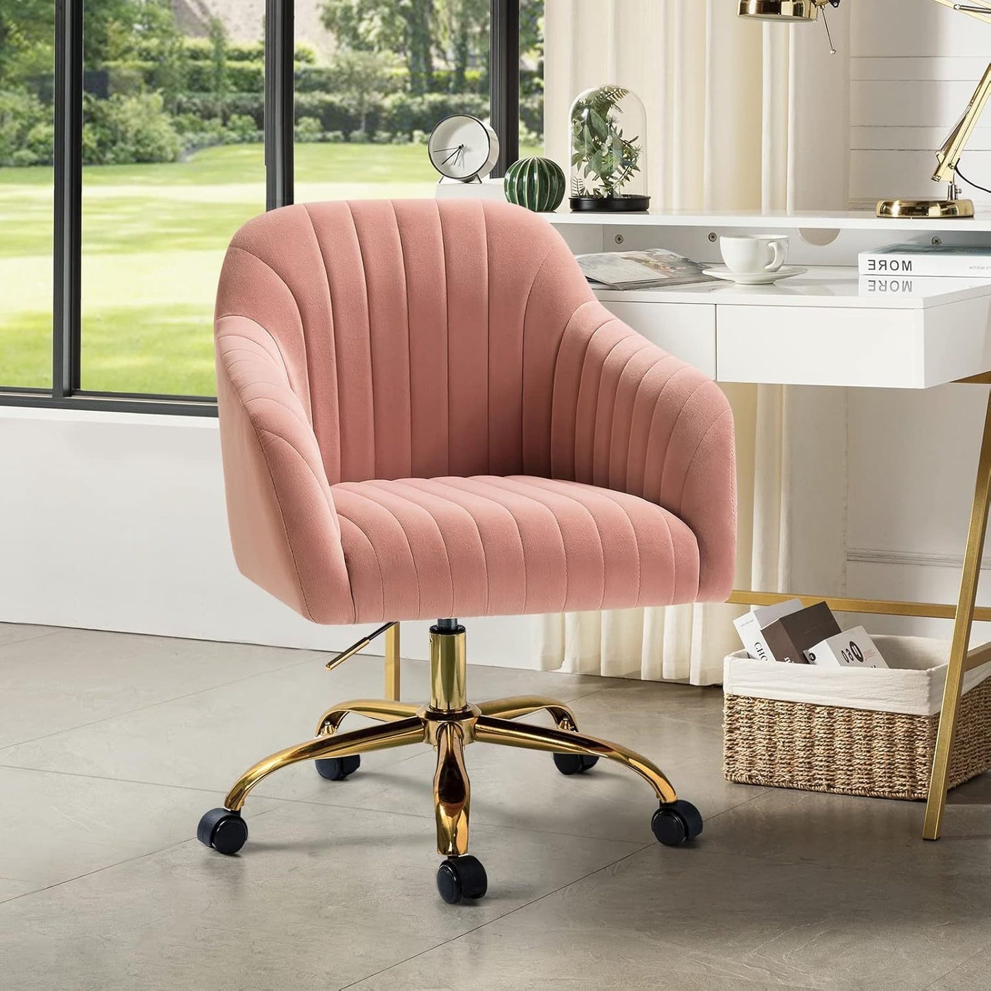 Velvet Home Office Desk Chair, Modern Cute Computer Task Chair, Stadium Seats For Sports Fields, Sport Event, Wheels Swivel Height Adjustable Upholstered Vanity Chair For Women, Girls, Golden Base