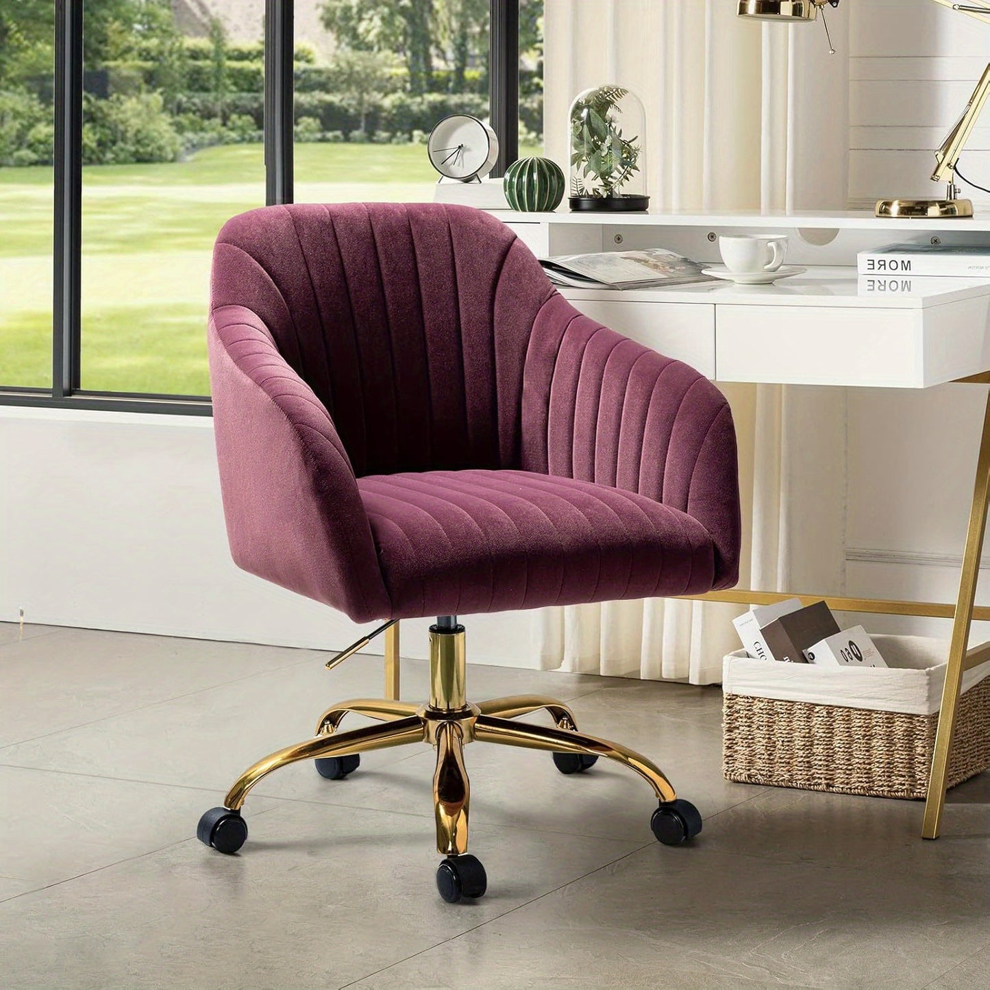 Velvet Home Office Desk Chair, Modern Cute Computer Task Chair, Stadium Seats For Sports Fields, Sport Event, Wheels Swivel Height Adjustable Upholstered Vanity Chair For Women, Girls, Golden Base