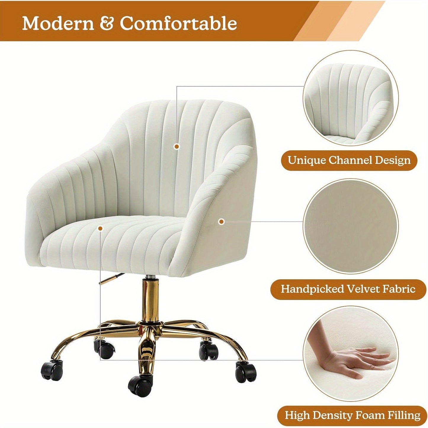 Velvet Home Office Desk Chair, Modern Cute Computer Task Chair, Stadium Seats For Sports Fields, Sport Event, Wheels Swivel Height Adjustable Upholstered Vanity Chair For Women, Girls, Golden Base