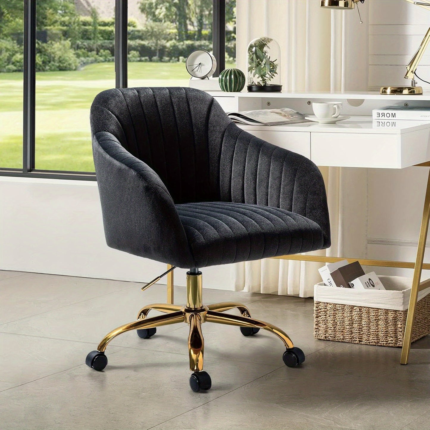 Velvet Home Office Desk Chair, Modern Cute Computer Task Chair, Stadium Seats For Sports Fields, Sport Event, Wheels Swivel Height Adjustable Upholstered Vanity Chair For Women, Girls, Golden Base