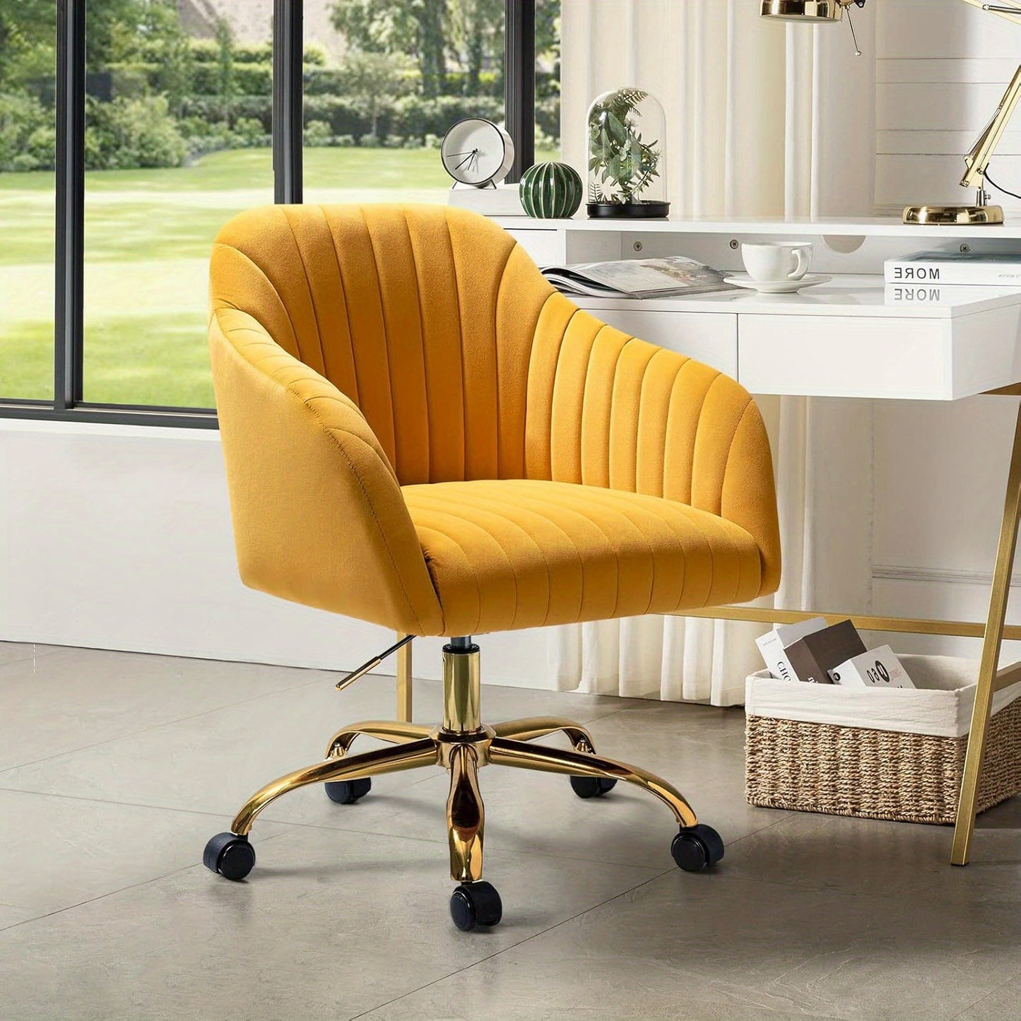 Velvet Home Office Desk Chair, Modern Cute Computer Task Chair, Stadium Seats For Sports Fields, Sport Event, Wheels Swivel Height Adjustable Upholstered Vanity Chair For Women, Girls, Golden Base