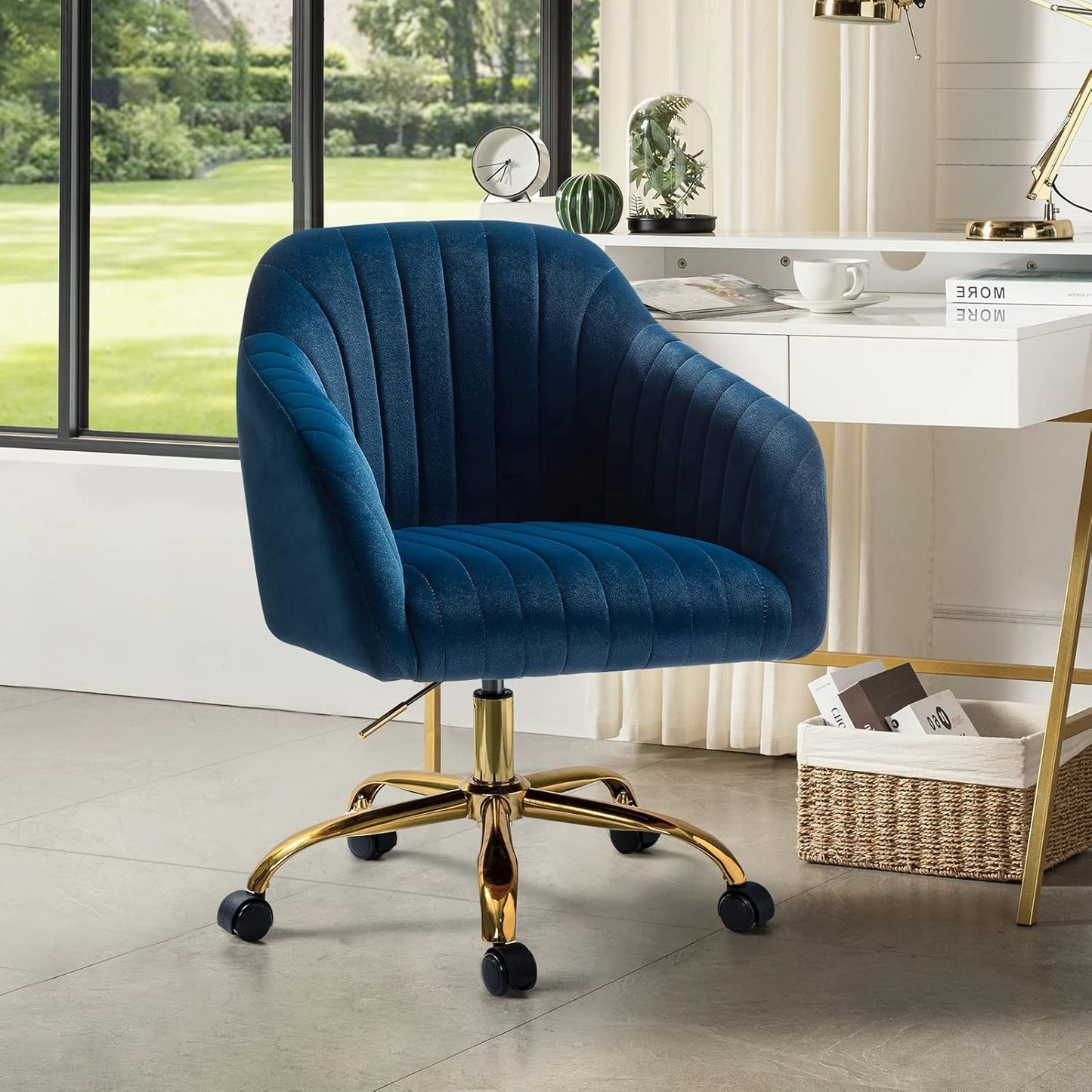 Velvet Home Office Desk Chair, Modern Cute Computer Task Chair, Stadium Seats For Sports Fields, Sport Event, Wheels Swivel Height Adjustable Upholstered Vanity Chair For Women, Girls, Golden Base
