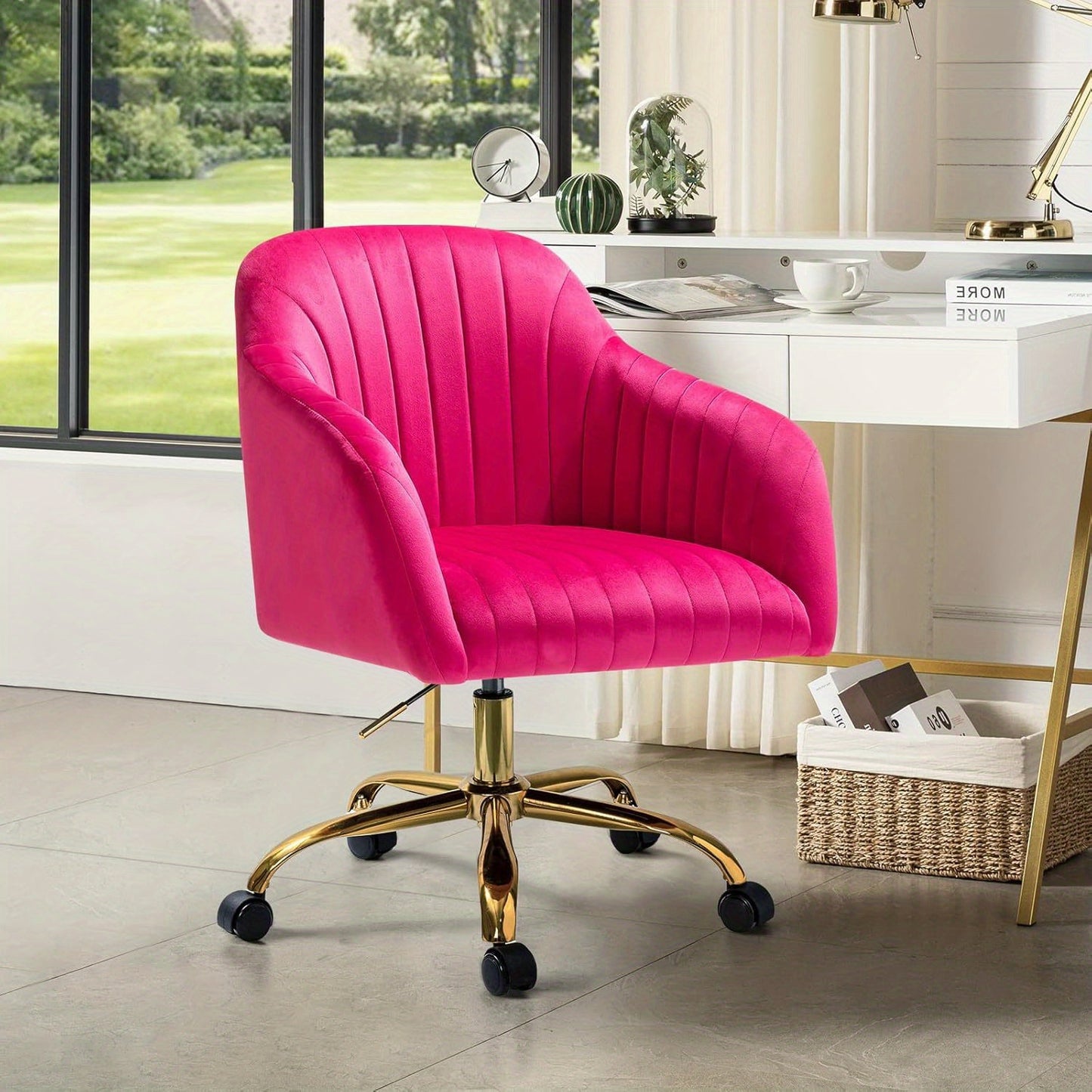 Velvet Home Office Desk Chair, Modern Cute Computer Task Chair, Stadium Seats For Sports Fields, Sport Event, Wheels Swivel Height Adjustable Upholstered Vanity Chair For Women, Girls, Golden Base