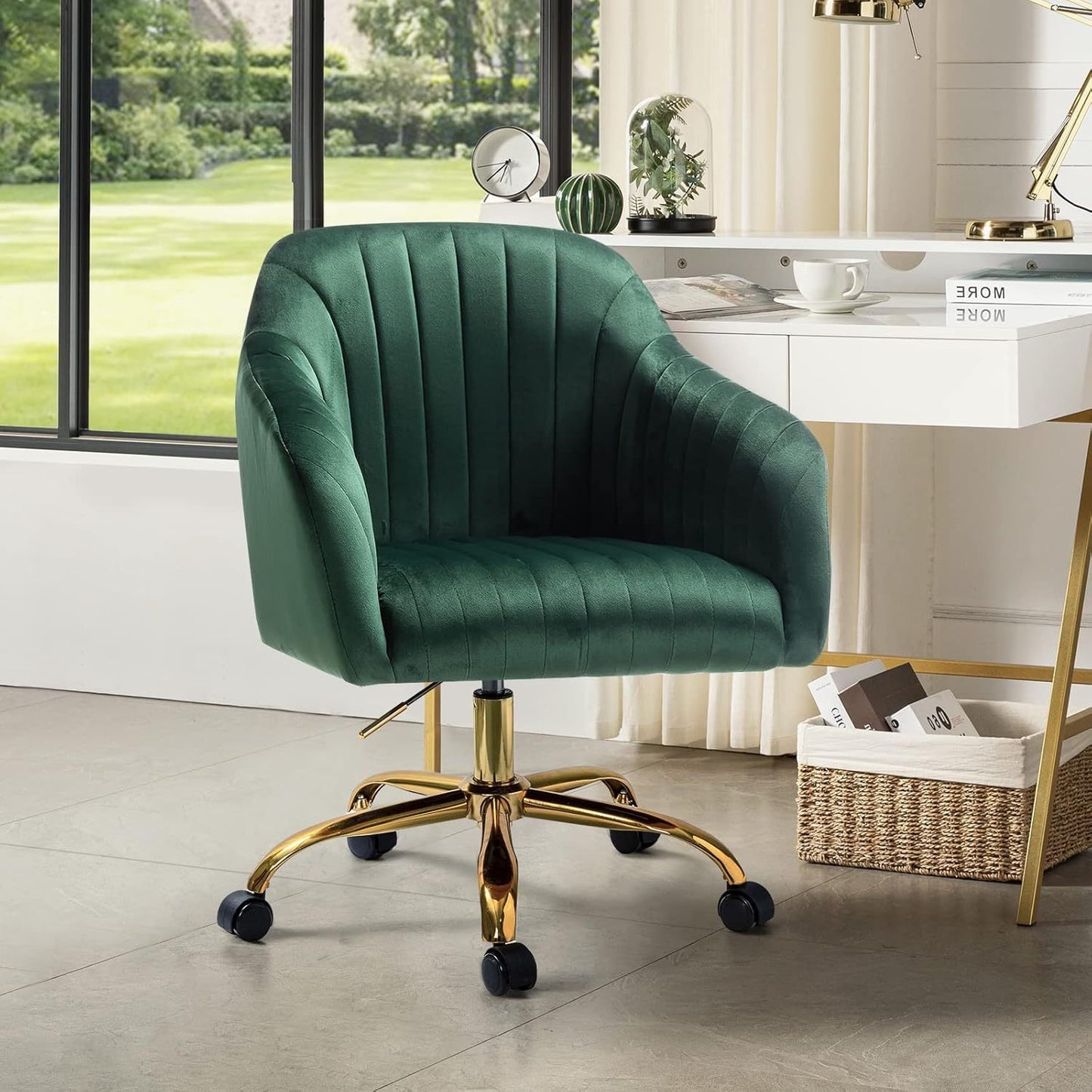Velvet Home Office Desk Chair, Modern Cute Computer Task Chair, Stadium Seats For Sports Fields, Sport Event, Wheels Swivel Height Adjustable Upholstered Vanity Chair For Women, Girls, Golden Base