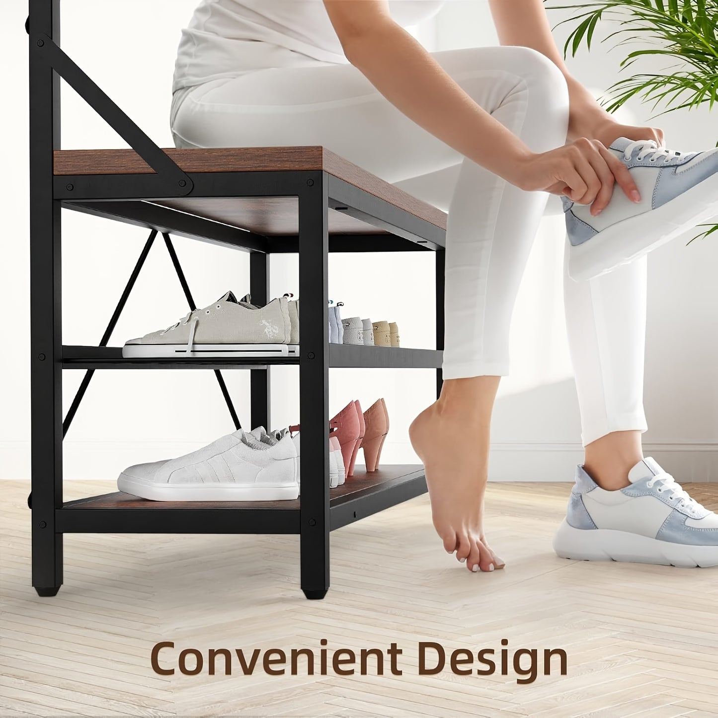 1pc Industrial 5-in-1 Entryway Organizer, Freestanding Metal Hall Tree with 3 Storage Shelves & 8 Removable Hooks, Multifunctional Hallway Furniture with Steel Frame, Large Capacity Coat Rack for Home Organization