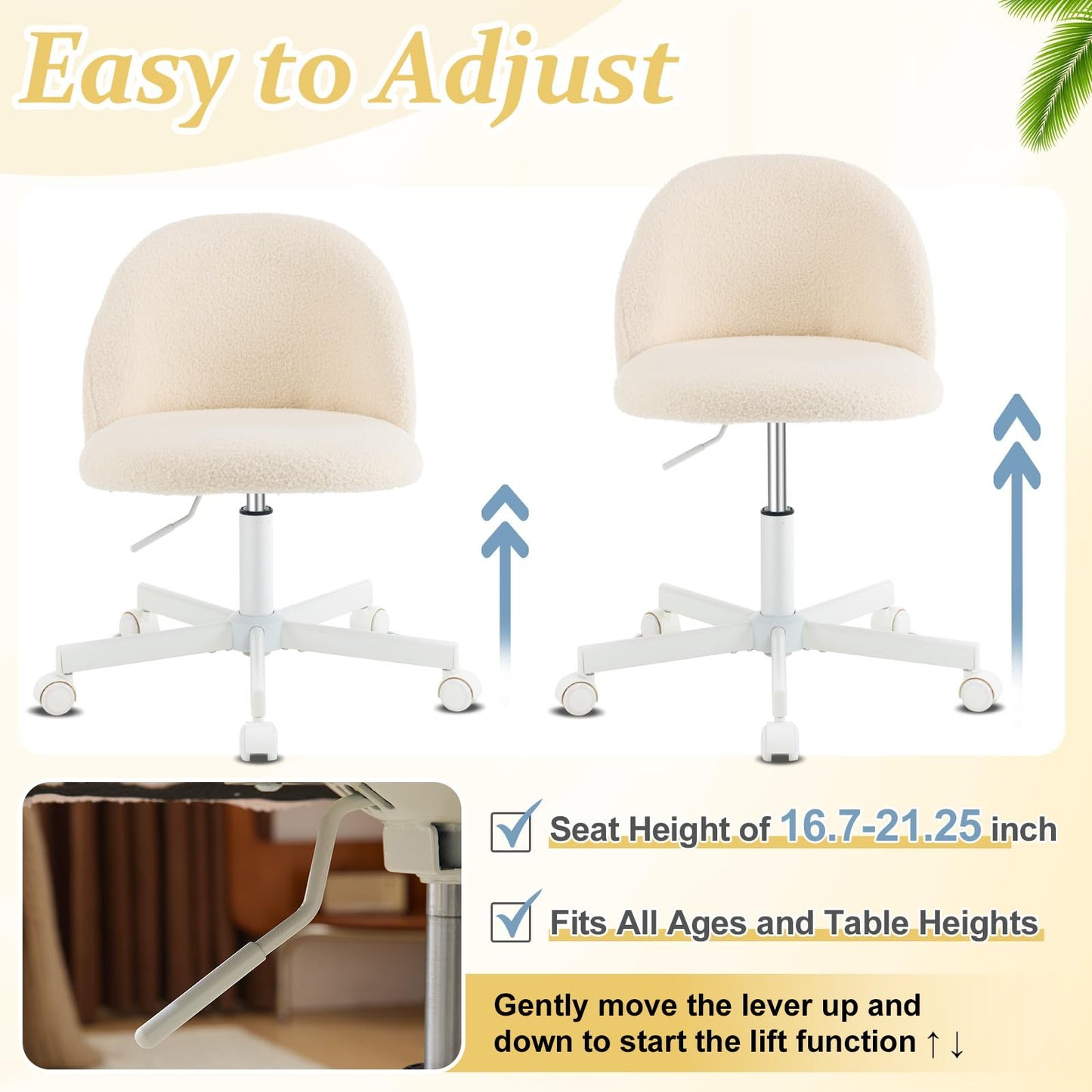 VINGLI Modern Teddy Fluffy Small Office Chair,Cute Desk Chair with Wheels,Gold Base\u002FStuds, Comfy Armless Swivel Vanity Task Chair, Nail Tech Chair for Bedroom,Small Space