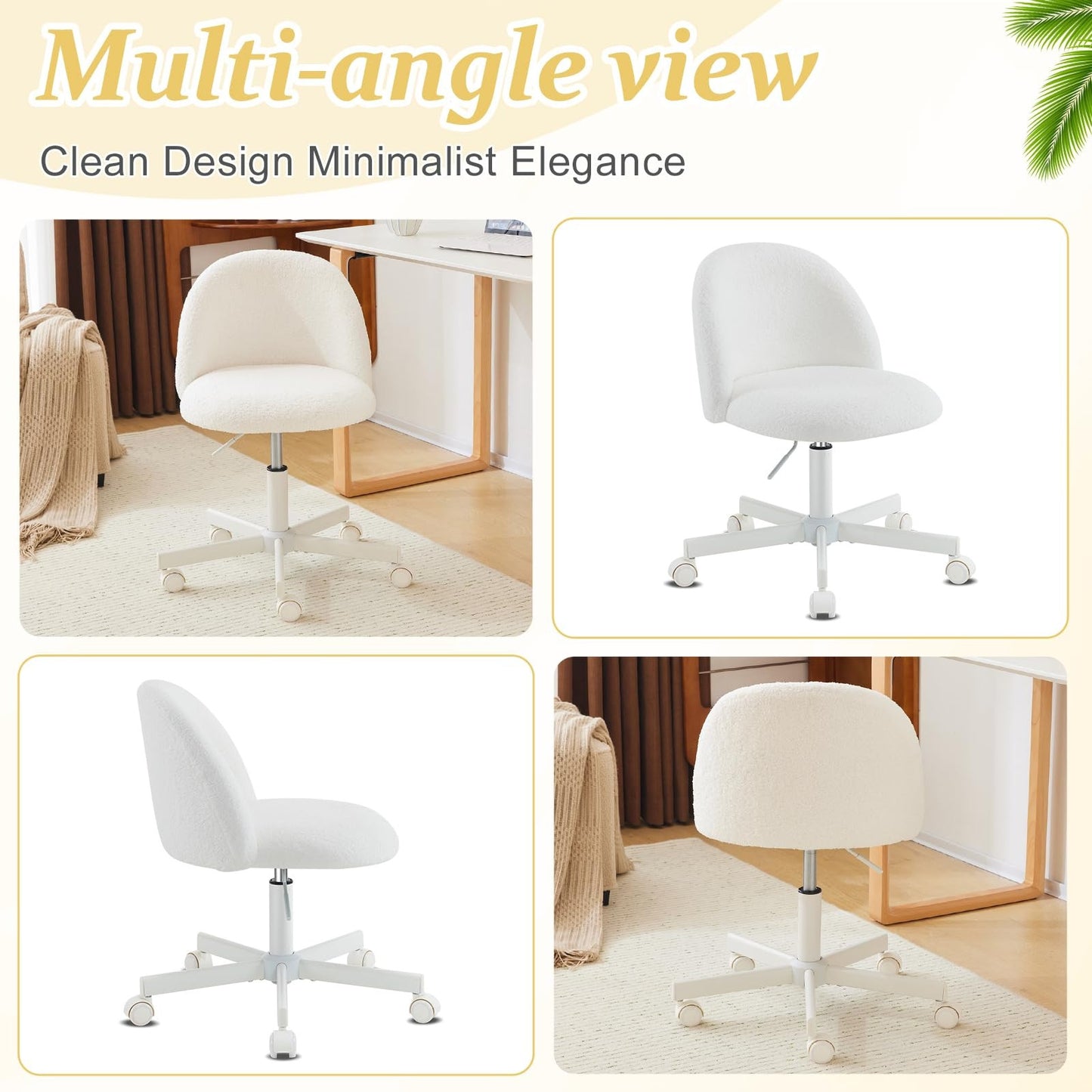 VINGLI Modern Teddy Fluffy Small Office Chair,Cute Desk Chair with Wheels,Gold Base\u002FStuds, Comfy Armless Swivel Vanity Task Chair, Nail Tech Chair for Bedroom,Small Space