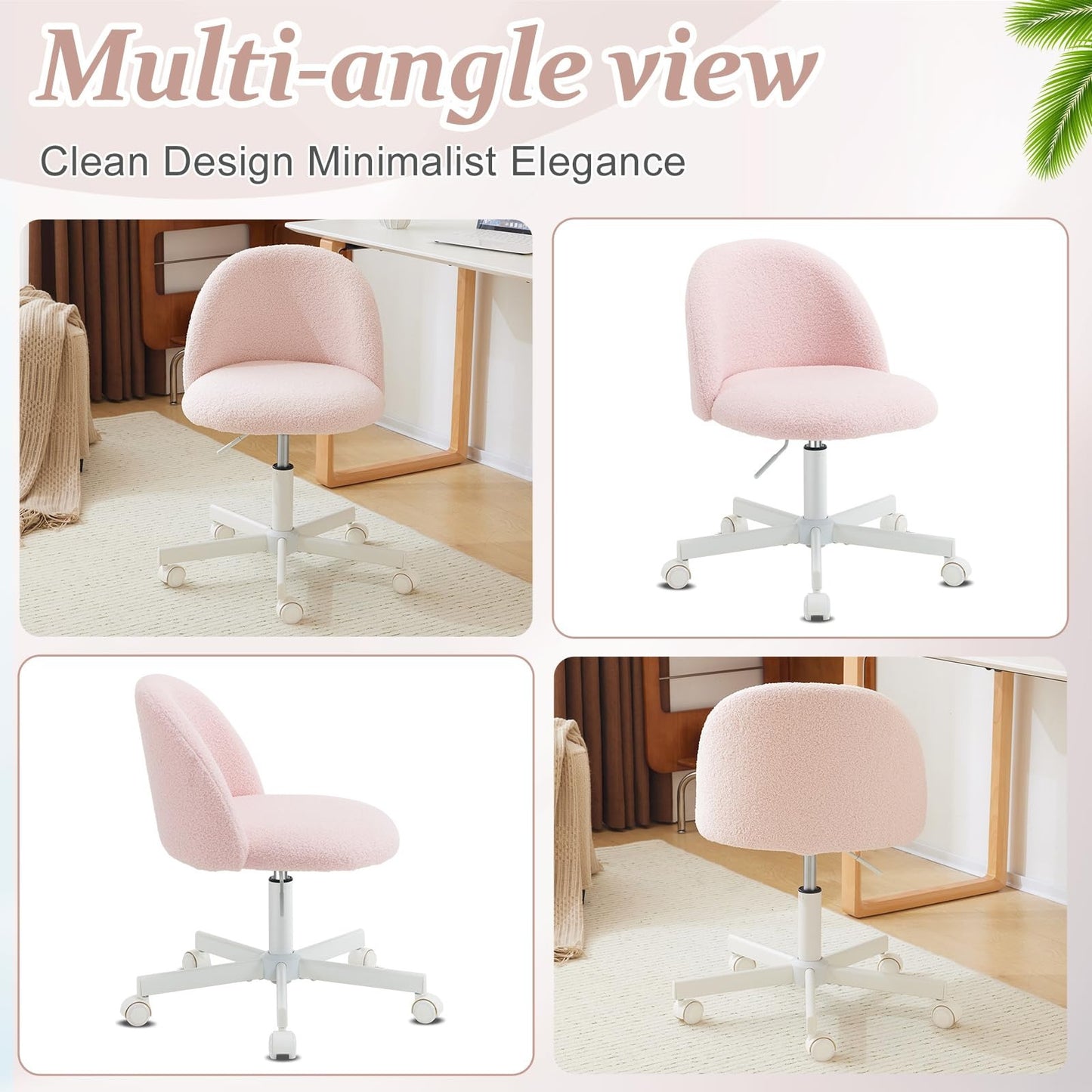 VINGLI Modern Teddy Fluffy Small Office Chair,Cute Desk Chair with Wheels,Gold Base\u002FStuds, Comfy Armless Swivel Vanity Task Chair, Nail Tech Chair for Bedroom,Small Space