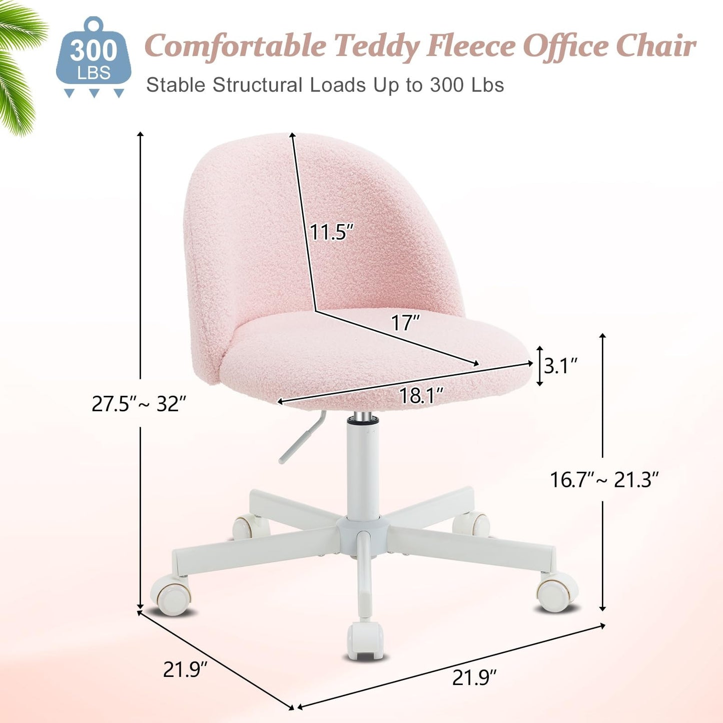 VINGLI Modern Teddy Fluffy Small Office Chair,Cute Desk Chair with Wheels,Gold Base\u002FStuds, Comfy Armless Swivel Vanity Task Chair, Nail Tech Chair for Bedroom,Small Space