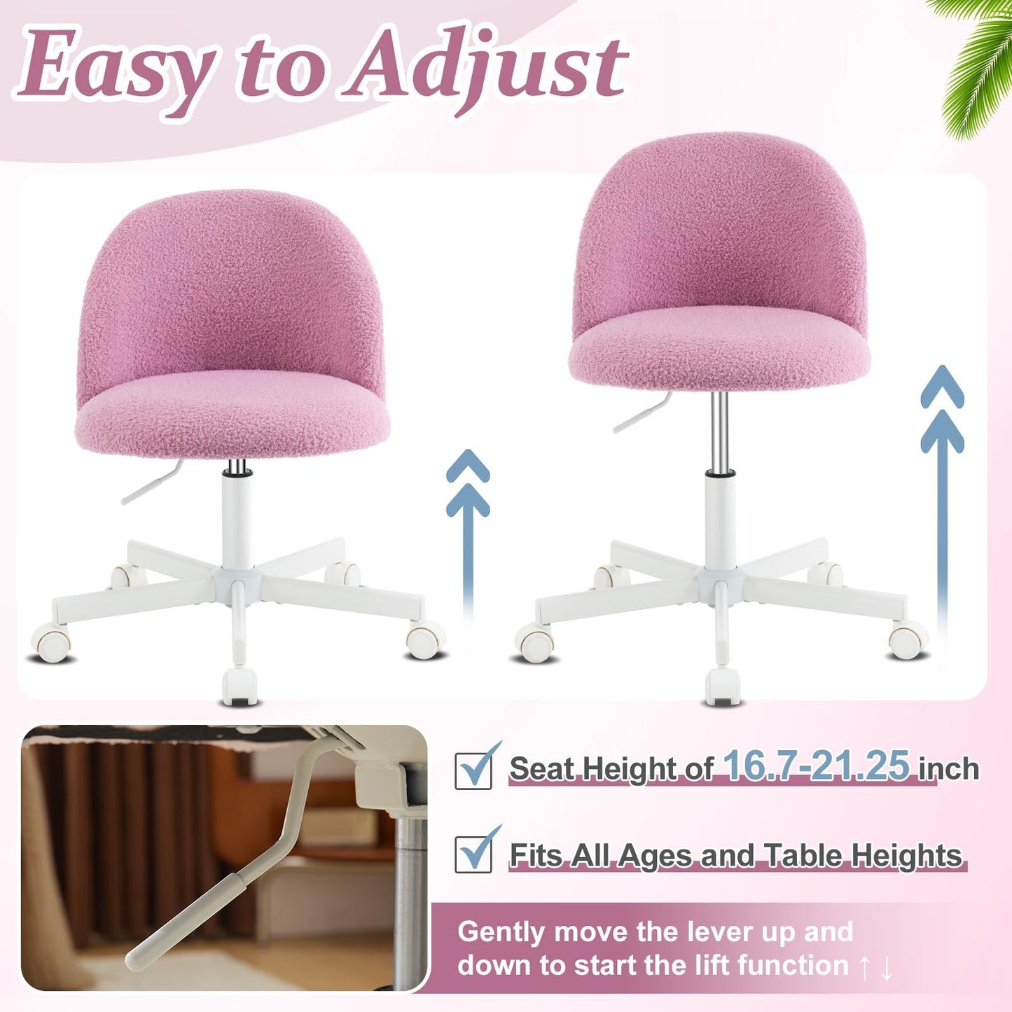 VINGLI Modern Teddy Fluffy Small Office Chair,Cute Desk Chair with Wheels,Gold Base\u002FStuds, Comfy Armless Swivel Vanity Task Chair, Nail Tech Chair for Bedroom,Small Space